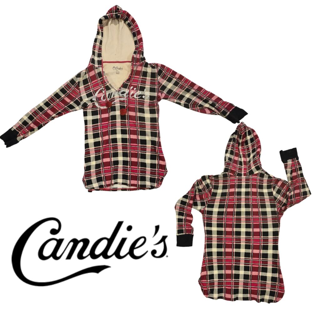 Candie’s Plaid Hooded Pullover Top Red Black White Women’s Large - Picture 6 of 6